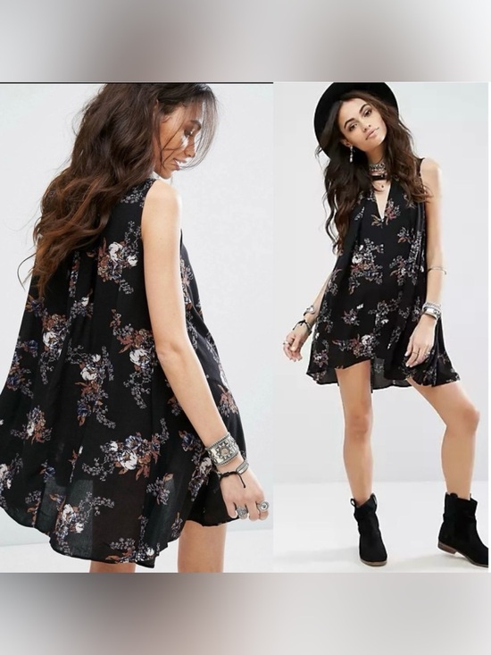 Free People Dresses & Skirts - Free People Tree Black Floral Swing Dress Tunic Top Sleeveless Size XS